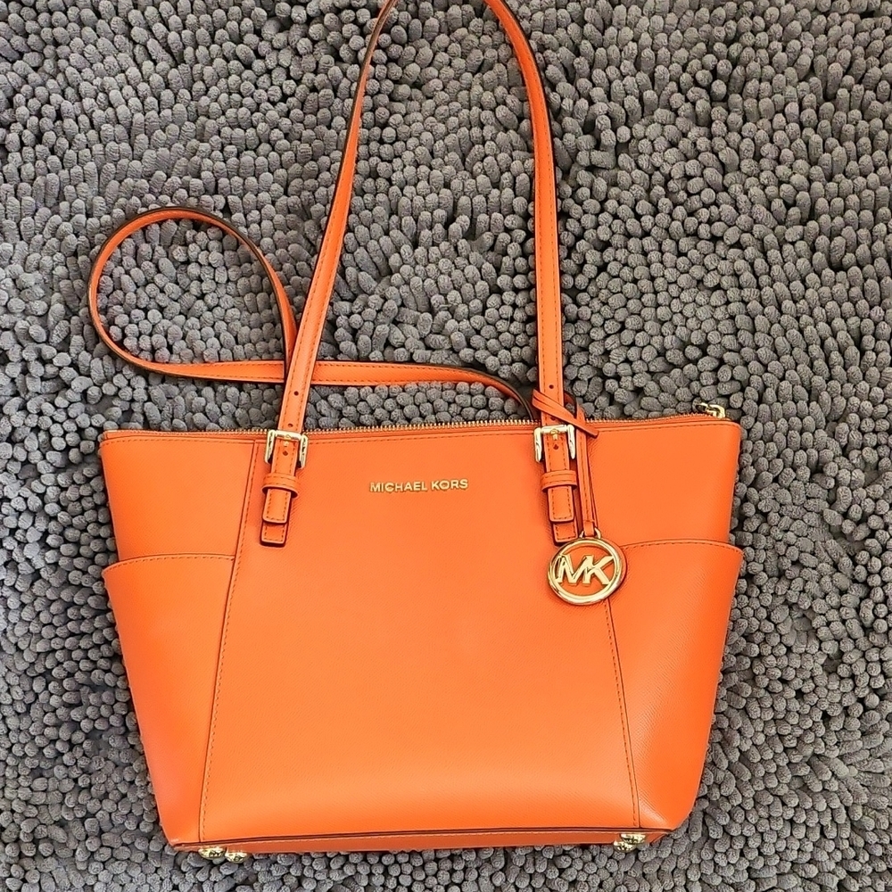 Michael Kors Orange Saffiano Leather Tote with Gold Charm - Picture 4 of 6